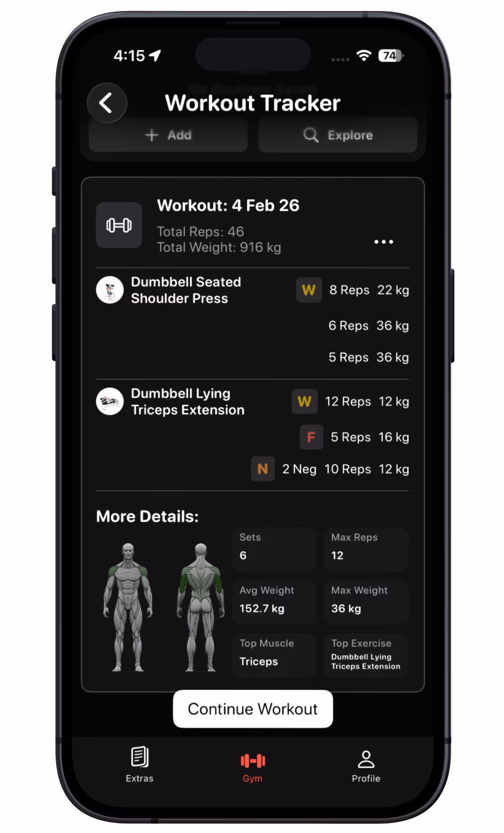 The 1% app activity details screen with timestamps, notes, intensity levels, and session metrics.