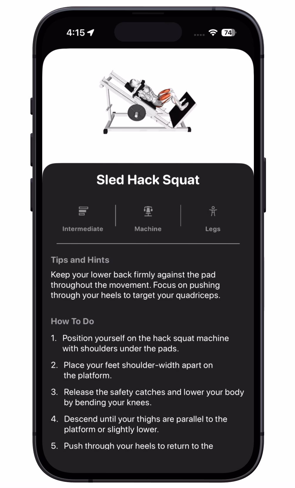 The 1% app exercise tips screen with form cues and technique advice.