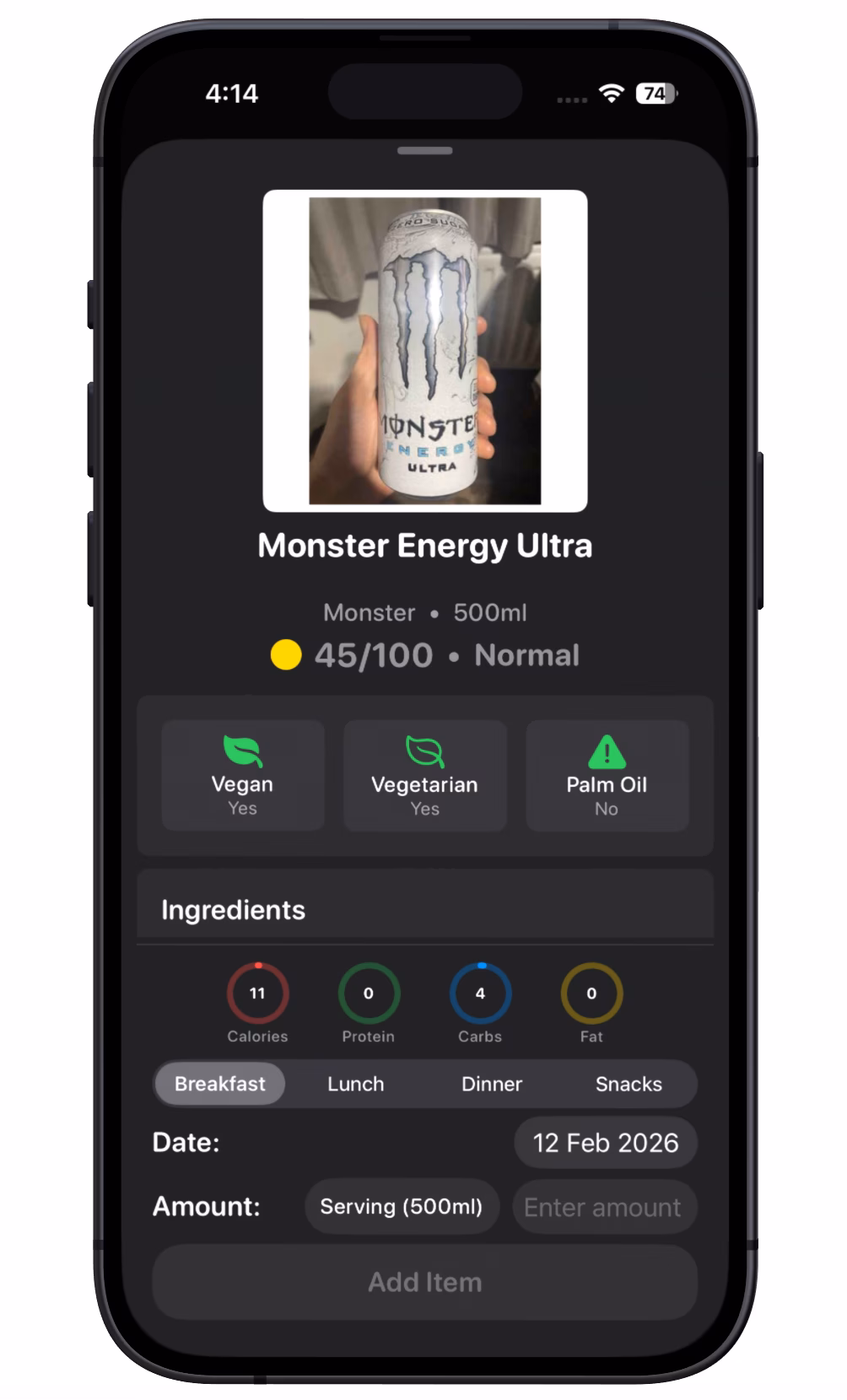 The 1% app nutrition insights screen showing detailed macro and calorie breakdowns for meals.