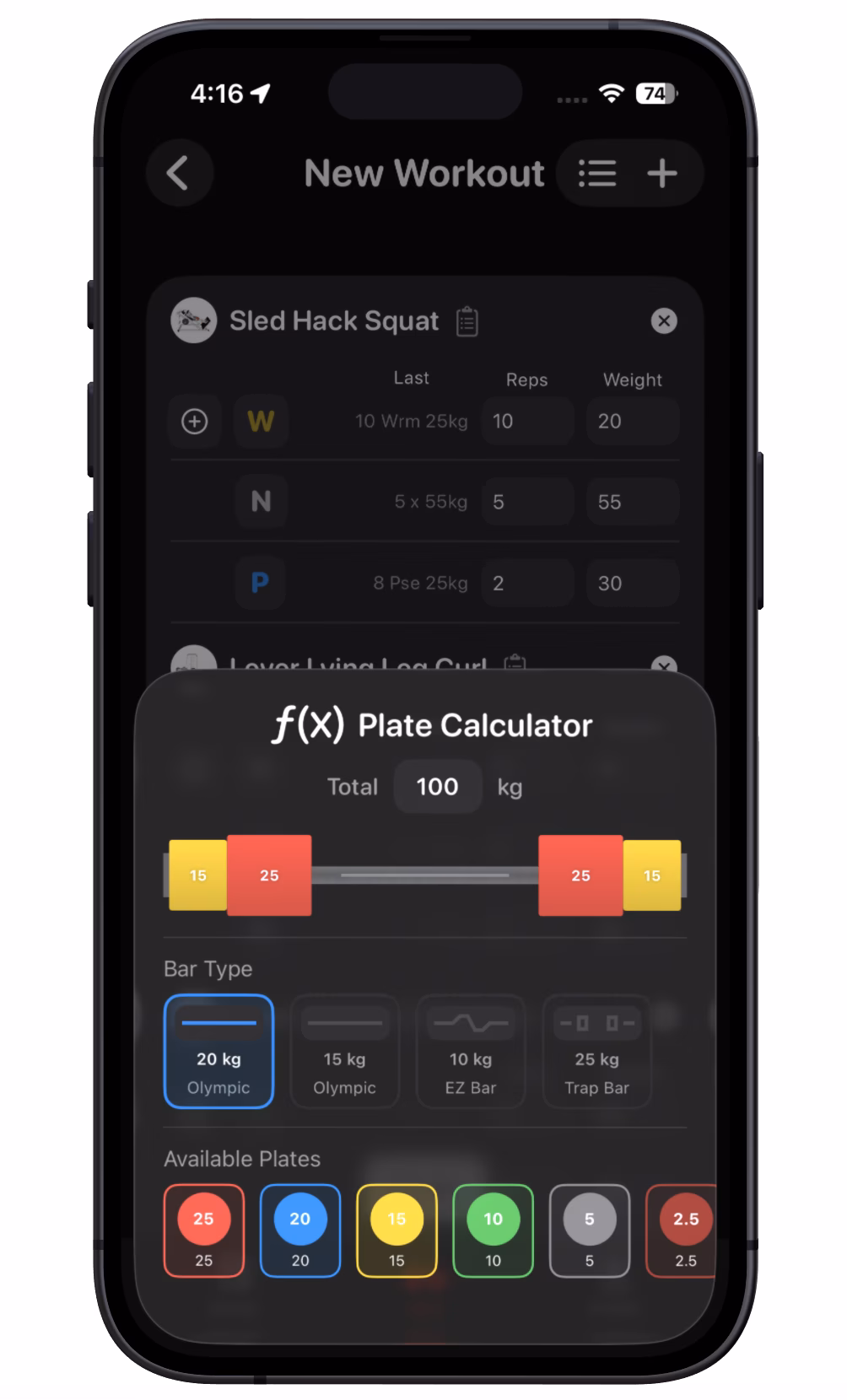 The 1% app plate calculator showing exact weight plate combinations for barbell loading.