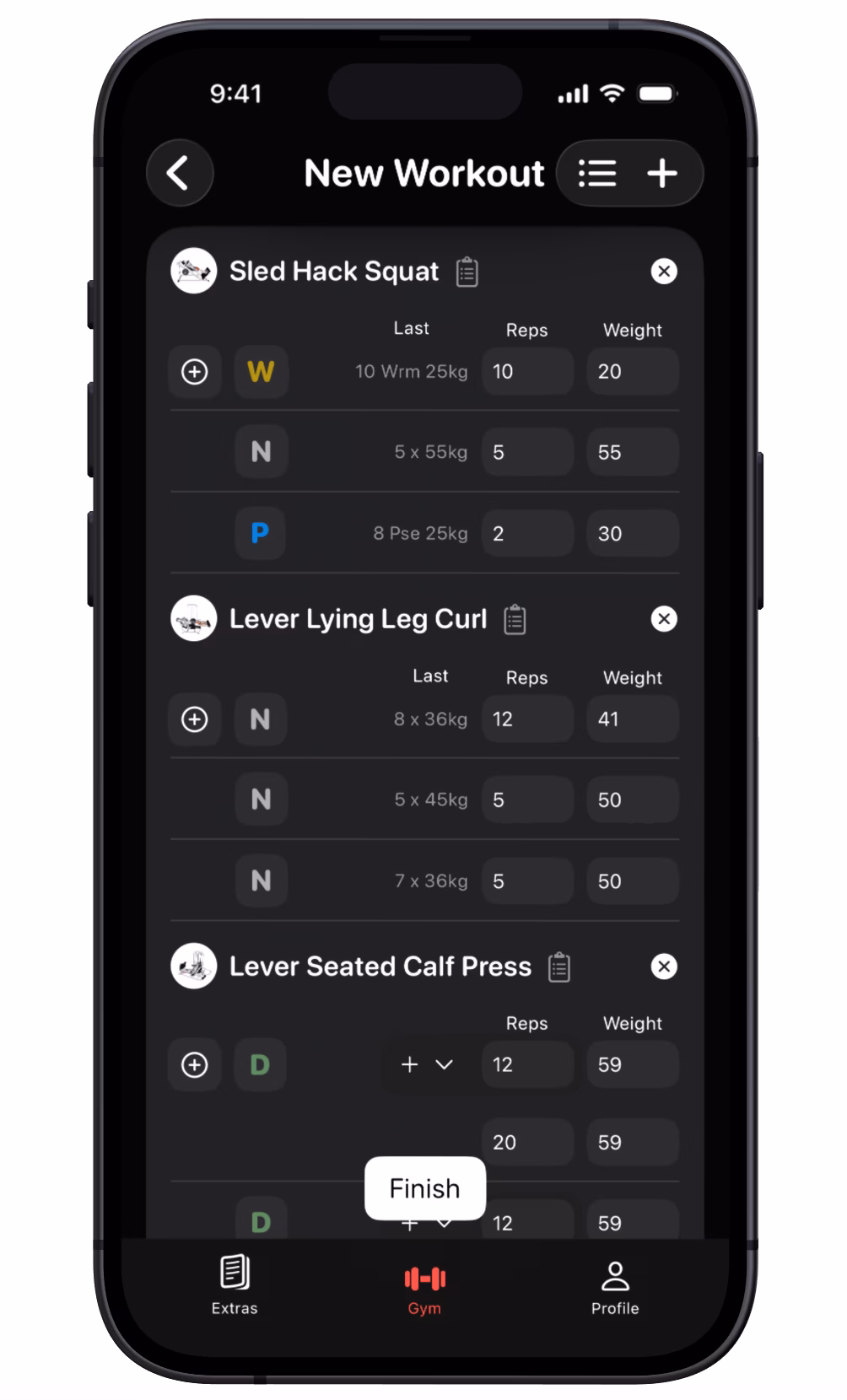 The 1% app workout tracking screen for logging sets, reps, weights, and exercise details.
